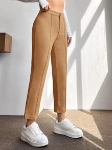 SHEIN PETITE Pantalones De Primavera Con Pretina Alta, Pliegues Prensados Y Ajuste Cónico - Marrón - Ver 4