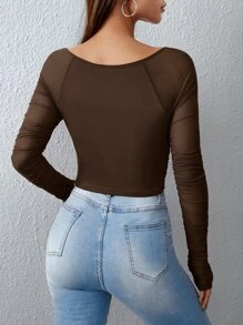 SHEIN Privé Top de cuello cuadrado fruncido de malla - Marrón Chocolate - Ver 2