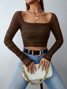 SHEIN Privé Top de cuello cuadrado fruncido de malla - Marrón Chocolate - Ver 3