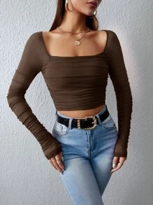 SHEIN Privé Top de cuello cuadrado fruncido de malla - Marrón Chocolate - Ver 4