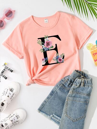 SHEIN Tween Girl 1pc Fashionable Floral And Letter Printed Short Sleeve T-Shirt