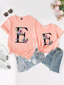 SHEIN LUNE Floral & Letter Graphic Tee - Coral Pink - View 3