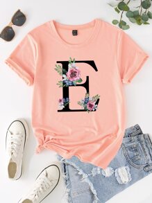 SHEIN LUNE Floral & Letter Graphic Tee - Coral Pink - View 1