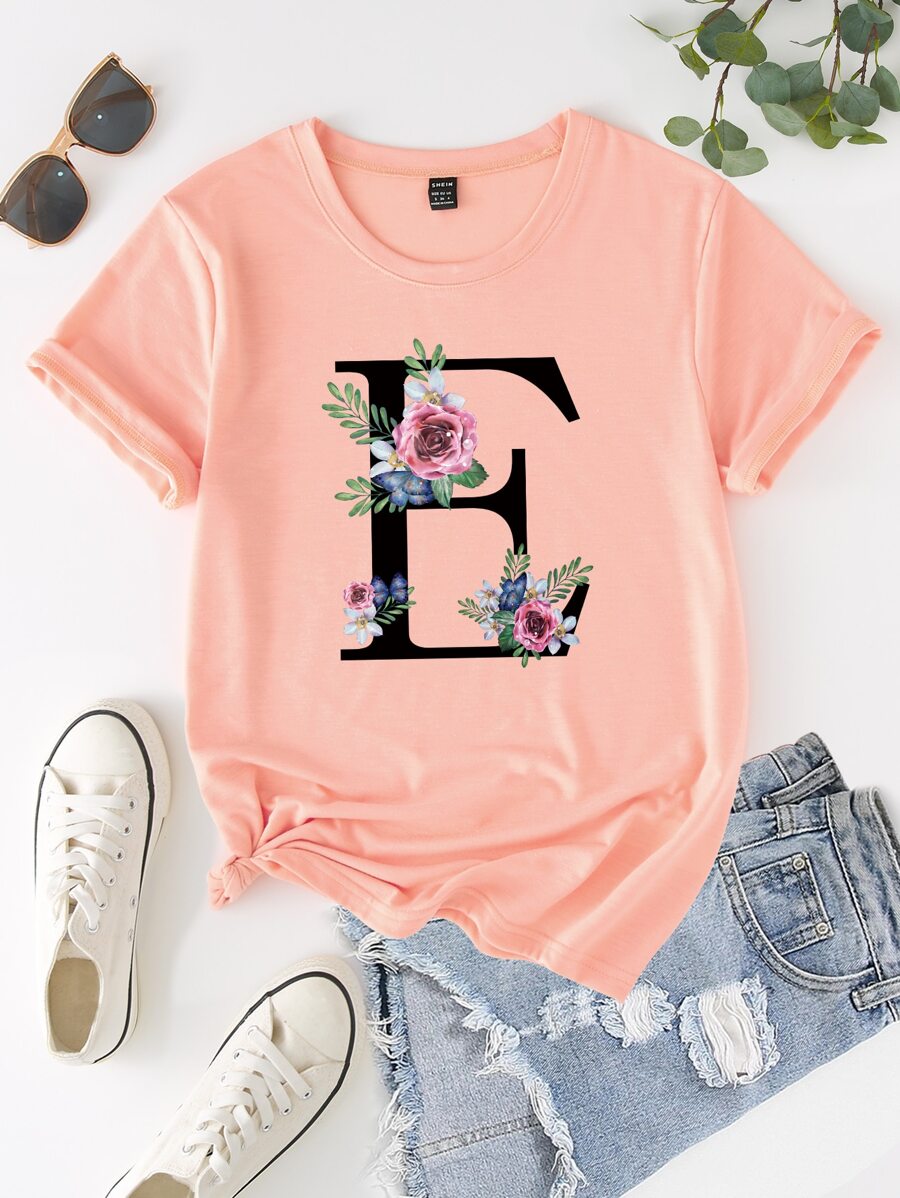 SHEIN LUNE Floral & Letter Graphic Tee - Coral Pink - View 1