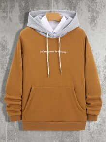 Manfinity Men Letter Graphic Kangaroo Pocket Drawstring Hoodie Without Shirt - Brown - View 1