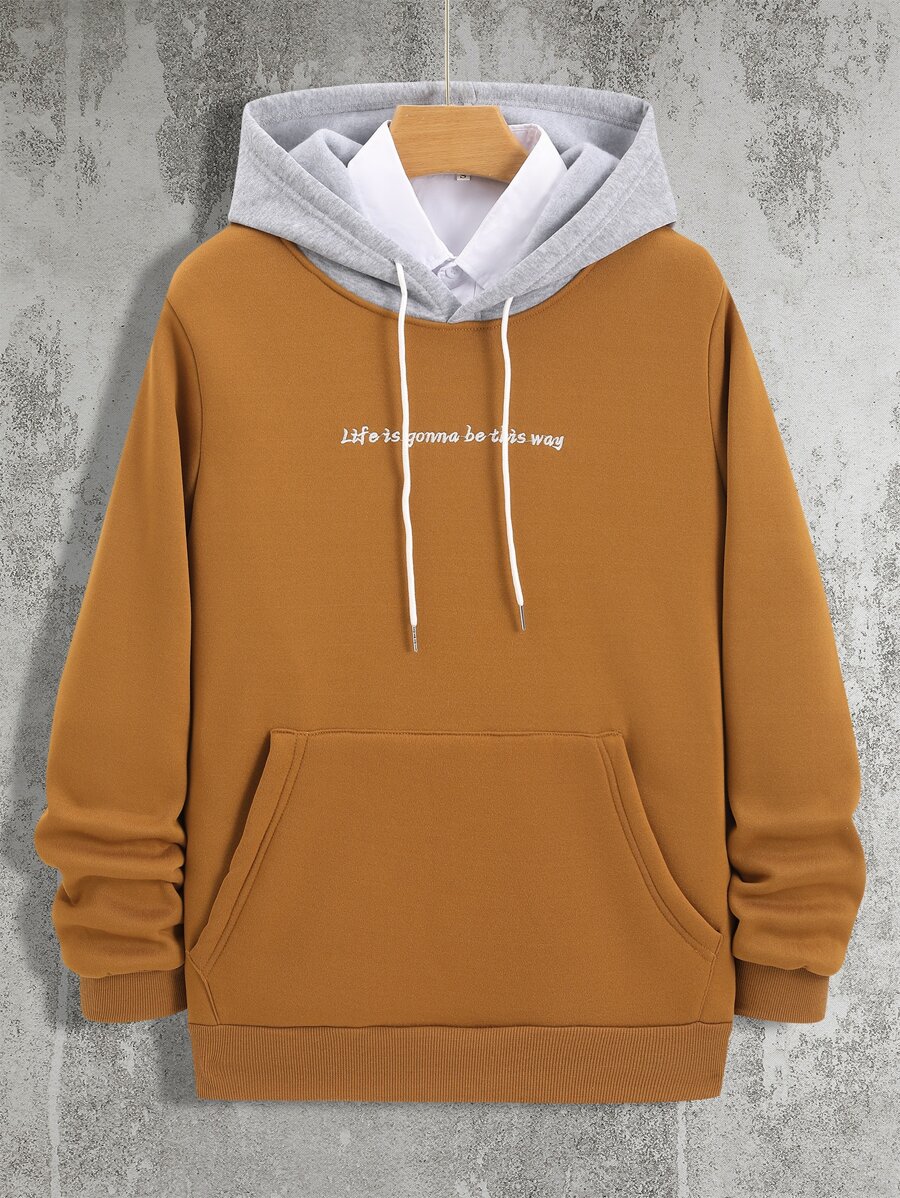 Manfinity Men Letter Graphic Kangaroo Pocket Drawstring Hoodie Without Shirt - Brown - View 1