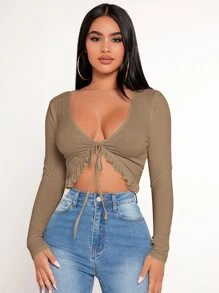 SHEIN PETITE Solid Lettuce Trim Tie Front Crop Top - Mocha Brown - View 1