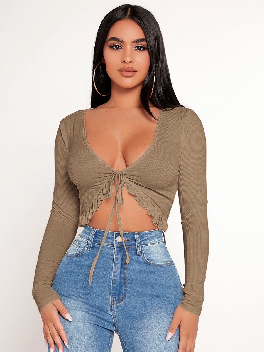 SHEIN PETITE Solid Lettuce Trim Tie Front Crop Top - Mocha Brown - View 1