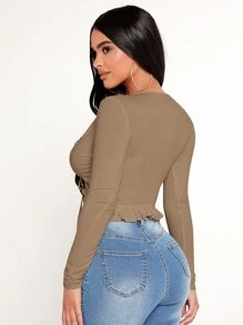 SHEIN PETITE Solid Lettuce Trim Tie Front Crop Top - Mocha Brown - View 2