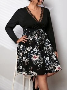 SHEIN Clasi Plus Floral Print Lace Trim Belted Dress - Multicolor - View 3