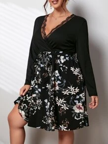 SHEIN Clasi Plus Floral Print Lace Trim Belted Dress - Multicolor - View 4