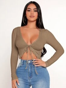 SHEIN PETITE Solid Lettuce Trim Tie Front Crop Top - Mocha Brown - View 3