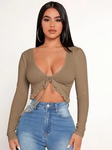 SHEIN PETITE Solid Lettuce Trim Tie Front Crop Top - Mocha Brown - View 6