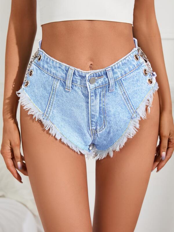 Grommet Laceup Chain Detail Raw Trim Booty Denim Shorts SHEIN USA