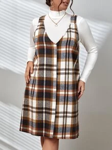 SHEIN Essnce Plus Plaid Print Pinafore Dress Without Tee - Multicolor - View 4