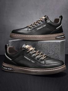 Men Letter Patch Decor Lace-up Front Skate Shoes - Black - View 1