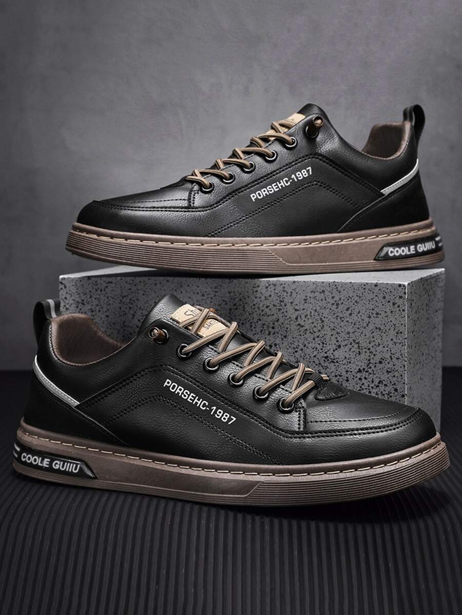 Men Letter Patch Decor Lace-up Front Skate Shoes - Black - View 1