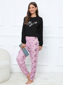 Heart & Letter Graphic Tee & Pants PJ Set / Pajama Set - Multicolor - View 3