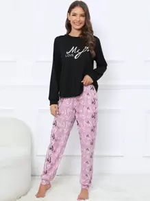 Heart & Letter Graphic Tee & Pants PJ Set / Pajama Set - Multicolor - View 5