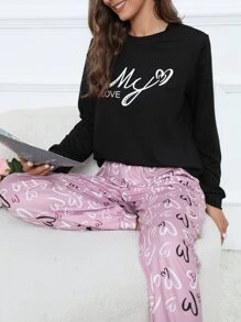 Heart & Letter Graphic Tee & Pants PJ Set / Pajama Set - Multicolor - View 6