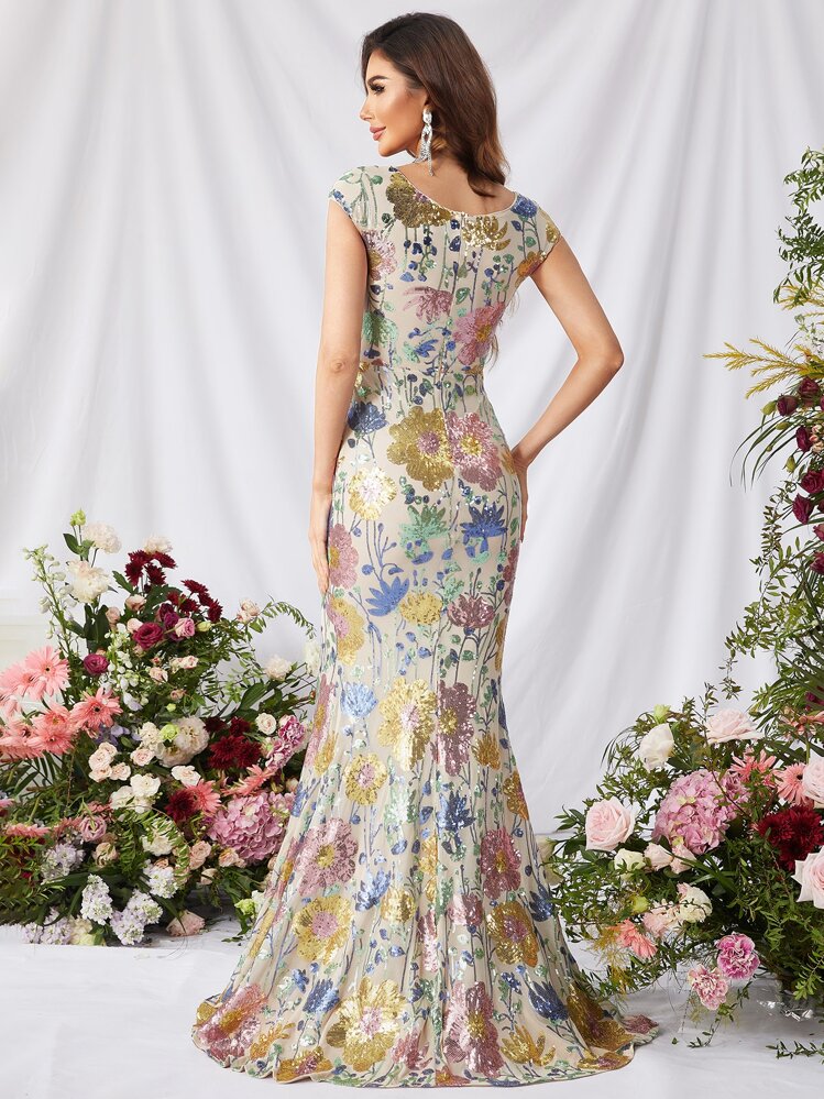 Women's Elegant Heart-Shaped Neckline Evening Gown, High Slit Design, Flowing Fishtail Skirt, Delicate Floral Embroidery, Short Sleeves, And Crystal-Embellished Waistline, Suitable For Black Tie Galas, Red Carpet Events, Formal Dinners, Wedding Guest Attire, And Prestigious Charity Fundraising Occasions. - Multicolor - View 2
