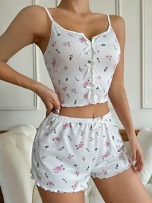 花卉印花蝴蝶结前片饰边吊带背心和短裤睡衣套装/睡衣套装 - 白色 - 查看 4