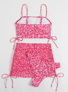 SHEIN Swim Summer Beach Ditsy Floral Drawstring Bikini Set - Hot Pink - View 2