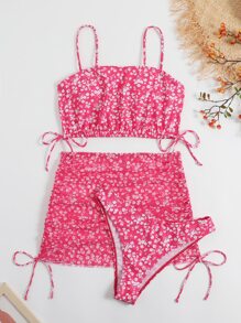 SHEIN Swim Summer Beach Ditsy Floral Drawstring Bikini Set - Hot Pink - View 4