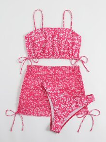 SHEIN Swim Summer Beach Ditsy Floral Drawstring Bikini Set - Hot Pink - View 6