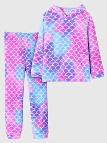 Girls Fish Scales Print Hooded Top & Trousers Lounge Set - Multicolor - View 1
