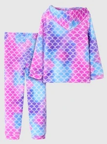 Girls Fish Scales Print Hooded Top & Trousers Lounge Set - Multicolor - View 2