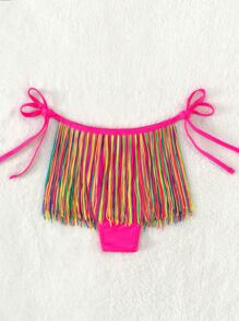 SHEIN Swim Summer Beach Colorful Stripe Fringe Hem Tie Side Bikini Bottom - Multicolor - View 3