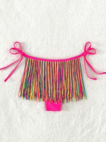 SHEIN Swim Summer Beach Colorful Stripe Fringe Hem Tie Side Bikini Bottom - Multicolor - View 4