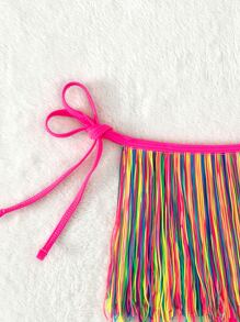SHEIN Swim Summer Beach Colorful Stripe Fringe Hem Tie Side Bikini Bottom - Multicolor - View 7