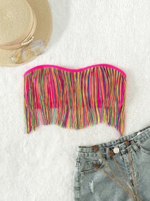 Swim SXY 夏日海滩流苏下摆抹胸比基尼上衣 - 彩色 - 查看 6