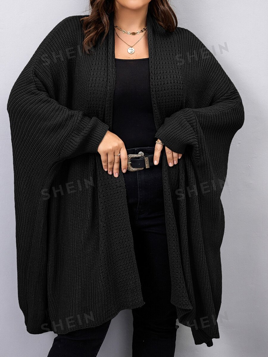 SHEIN LUNE Cardigan cu mâneci liliac marime plus, iarnă - Negru - Vizualizare 1