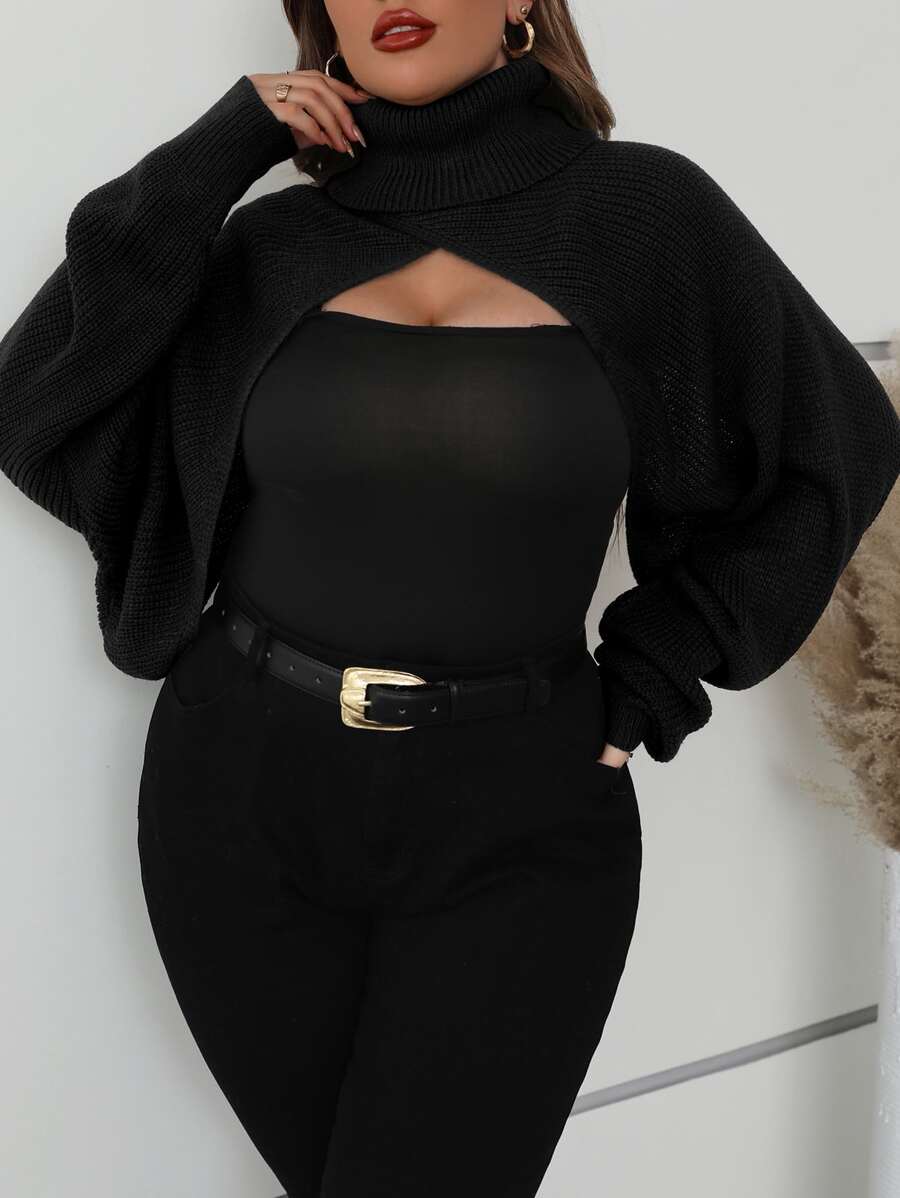 SHEIN Franclia Plus Turtleneck Batwing Sleeve Wrap Super Crop Sweater - Black - View 1