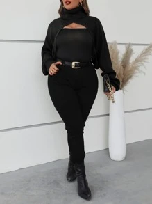 SHEIN Franclia Plus Turtleneck Batwing Sleeve Wrap Super Crop Sweater - Black - View 3