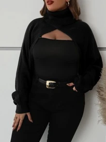 SHEIN Franclia Plus Turtleneck Batwing Sleeve Wrap Super Crop Sweater - Black - View 4