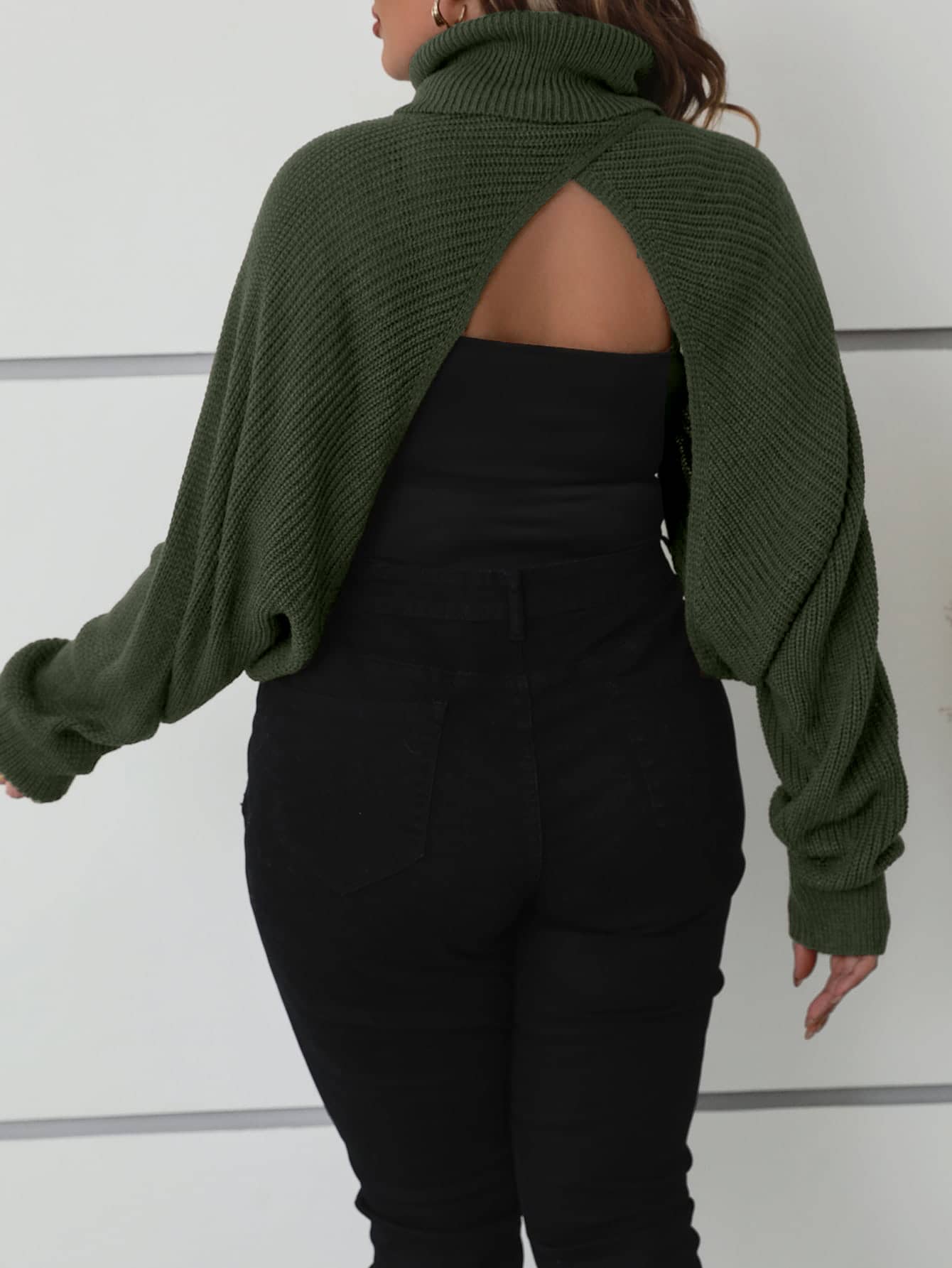 Plus Turtleneck Batwing Sleeve Wrap Super Crop Sweater Knit Pullover Fall Winter Sweater