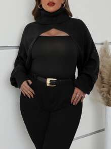 SHEIN Franclia Plus Turtleneck Batwing Sleeve Wrap Super Crop Sweater - Black - View 5