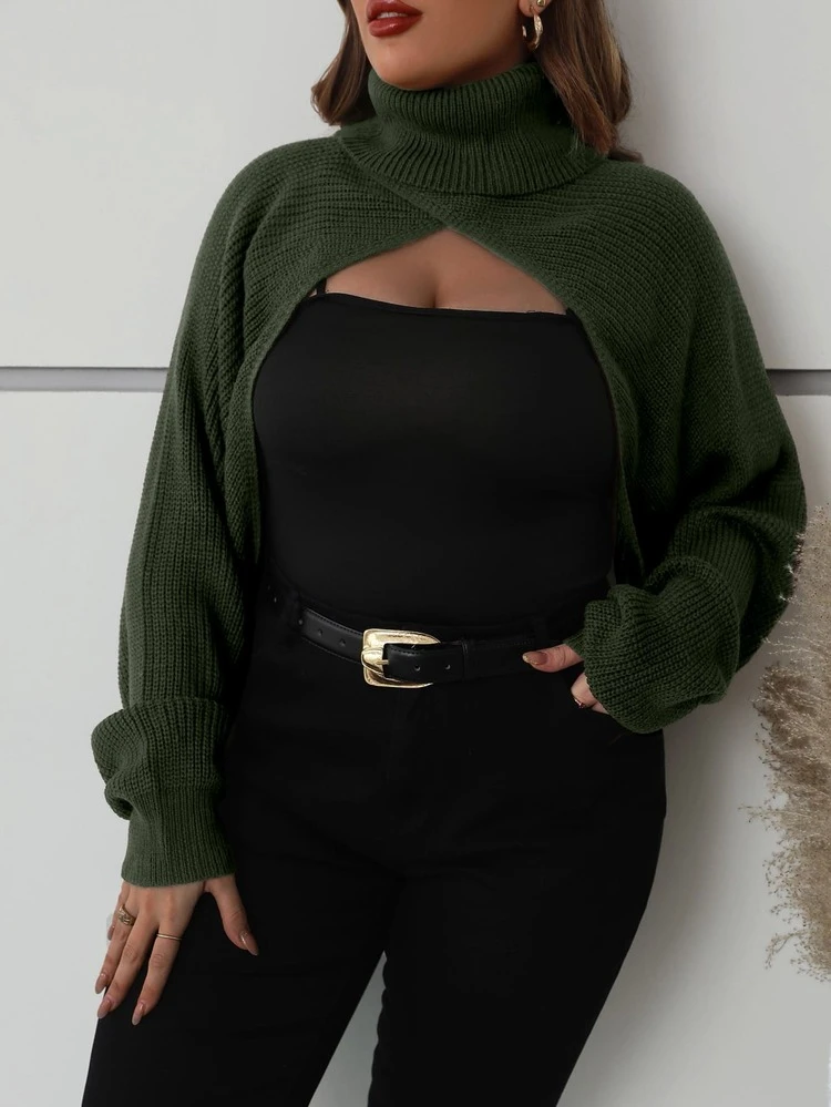 Plus Turtleneck Batwing Sleeve Wrap Super Crop Sweater Knit Pullover Fall Winter Sweater