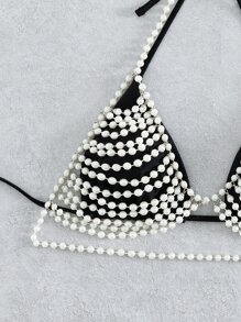 人造珍珠裝飾掛脖比基尼上衣 - 黑色 - 查看 4