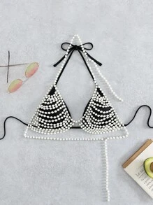 人造珍珠裝飾掛脖比基尼上衣 - 黑色 - 查看 5