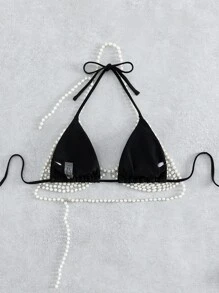 人造珍珠裝飾掛脖比基尼上衣 - 黑色 - 查看 2