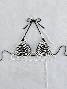 人造珍珠裝飾掛脖比基尼上衣 - 黑色 - 查看 3