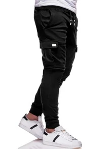 Manfinity Homme Men Drawstring Waist Flap Pocket Cargo Trousers - Black - View 3