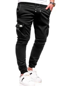 Manfinity Homme Men Drawstring Waist Flap Pocket Cargo Trousers - Black - View 4