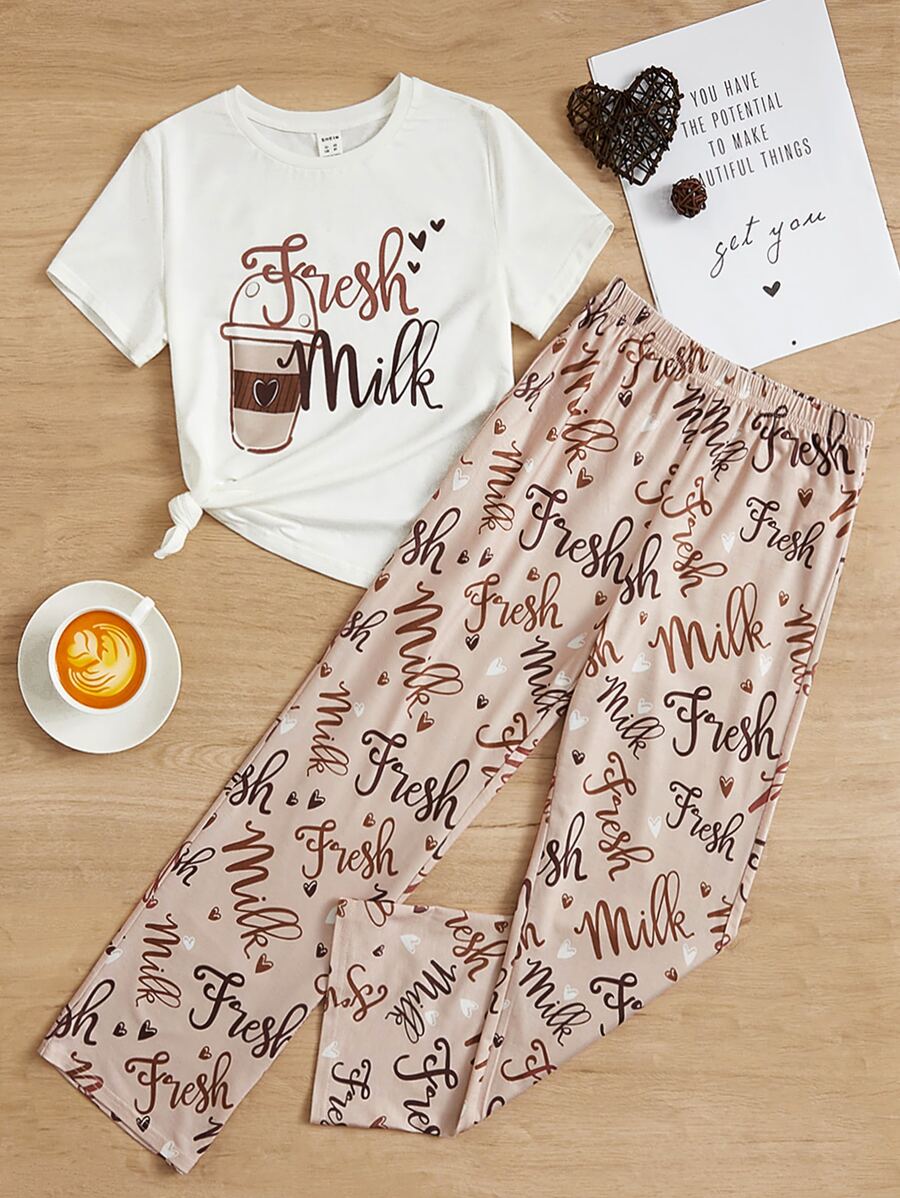 SHEIN Đồ mặc nhà Gái Đồ họa Lá thư Giải trí - Nhiều màu - Xem 1