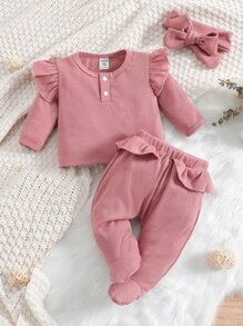 Baby Ruffle Trim Sleep Tee & Footed Trousers & Headband - Dusty Pink - View 1